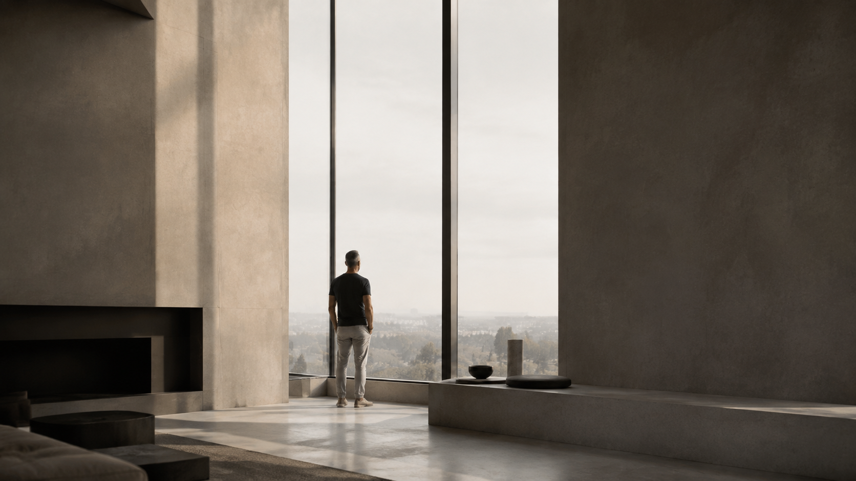Ein Mensch am Panoramafenster, weiter ruhiger Raum